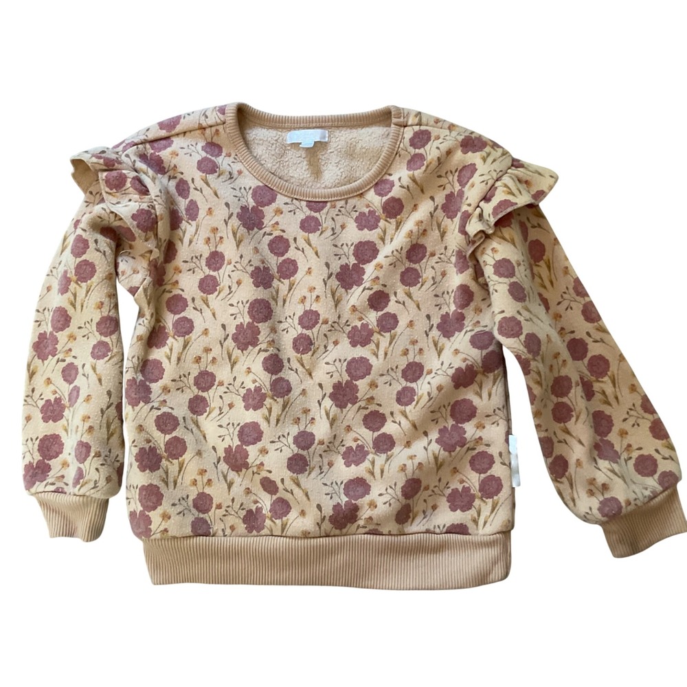 Tahari Girls Tan Floral Ruffle Shoulder Sweatshirt Long Sleeve Fleece Pullover